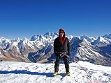 
Jerome Ryan on the Mera Peak Eastern Summit (6350m) with Gyachung Kang, Pumori, Malanphulan, Ama Dablam, Nuptse, Everest), Lhotse, Shartse, Peak 41, Baruntse, P6770, Kangchungtse and Makalu,
